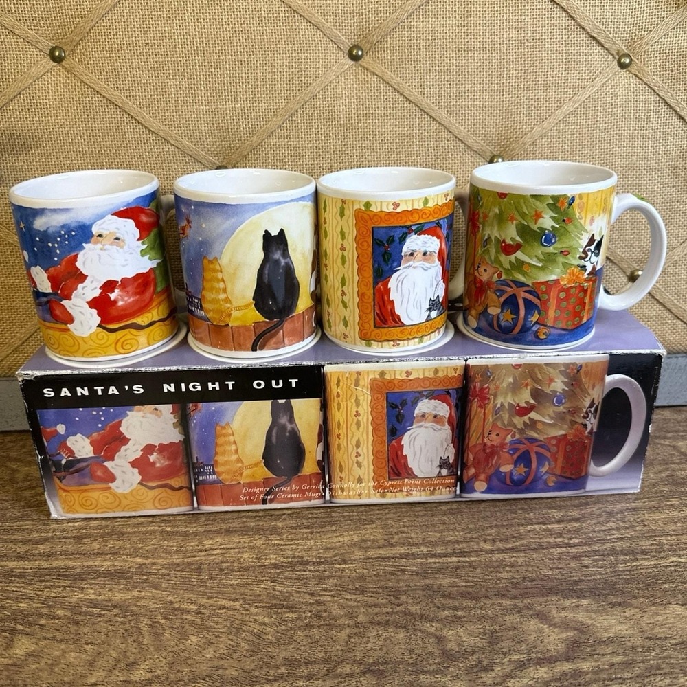 Vintage 1995 Cypress Point Trading Co. Santa's Night Out Set of 4 Ceramic Mugs
